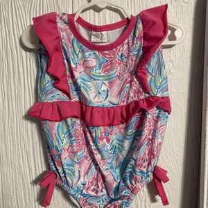 6-12 month Pink & Blue Floral Ruffle One-Piece